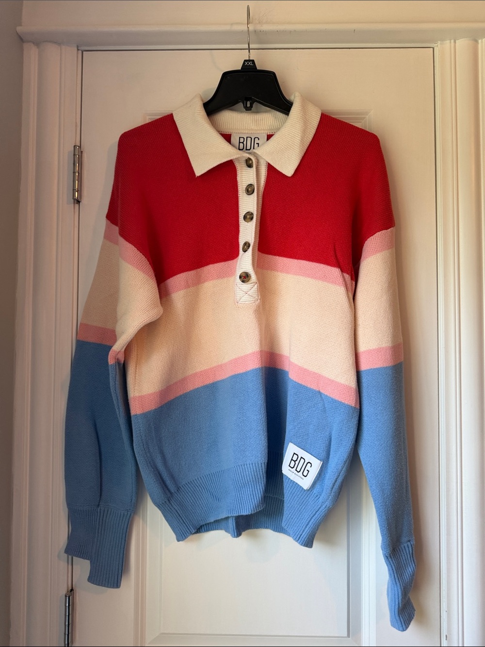BDG Urban Outfitters Striped Polo Sweater in Red, Pink, Cream & Blue